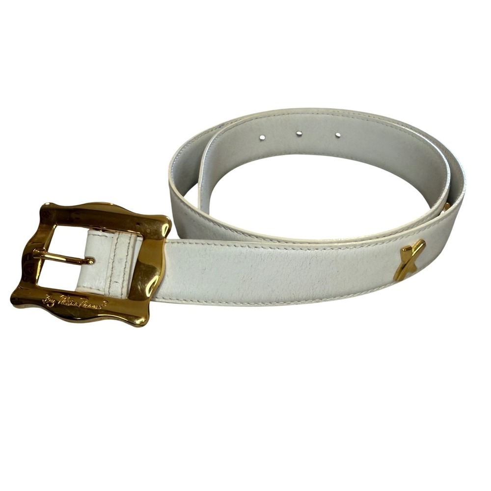 Paloma Picasso White Leather Belt Gold X Hardware Made Italy Vintage 31" waist L